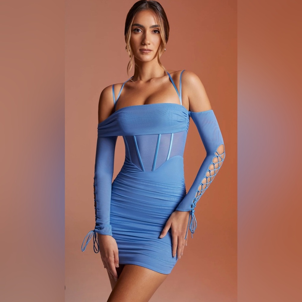 Oh Polly- “RAYNAR” LACE UP LONG SLEEVE CORSET MINI DRESS IN BLUE Size: 0